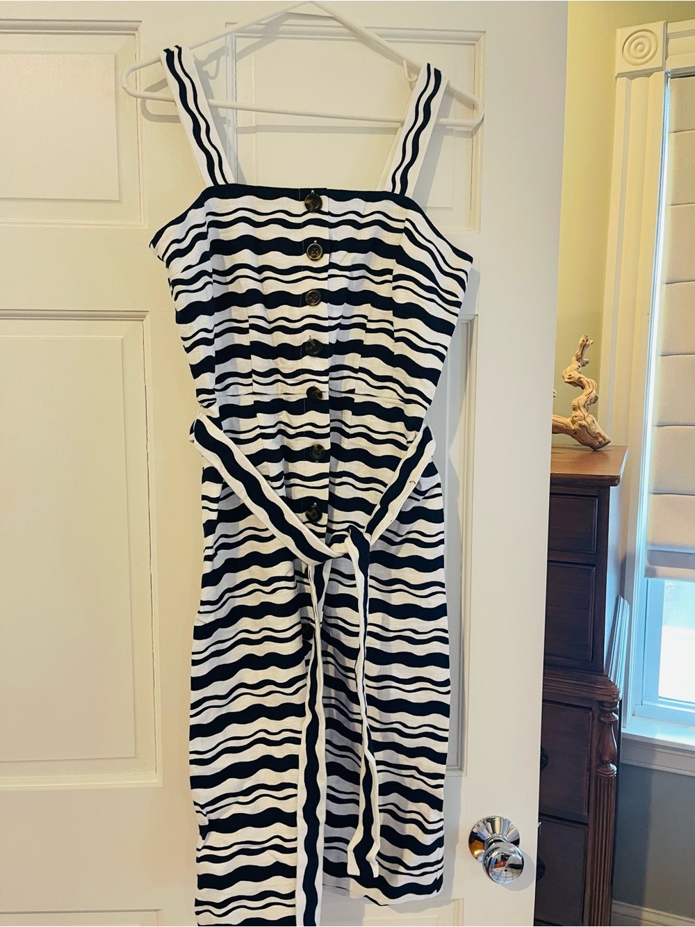 Ann Taylor Navy and White Wavy Stripe Midi Dress